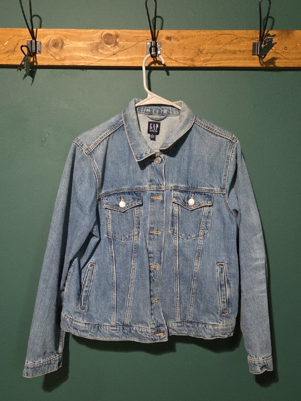 GAP Patchwork USA Embroideted Map Denim Jacket Sz XL